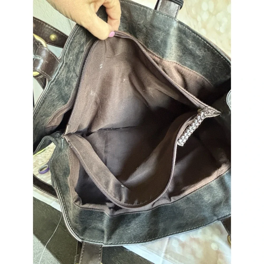 Bueno Black Brown‎ Distressed Vegan Leather Tote Bag Gold Turn Lock Satchel
